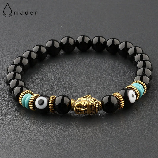 12 Styles! Natural Agate Stone Buddha & Evil Eye Bracelet Men 8mm Elastic Round Bright Black Stone Chakra Bracelet