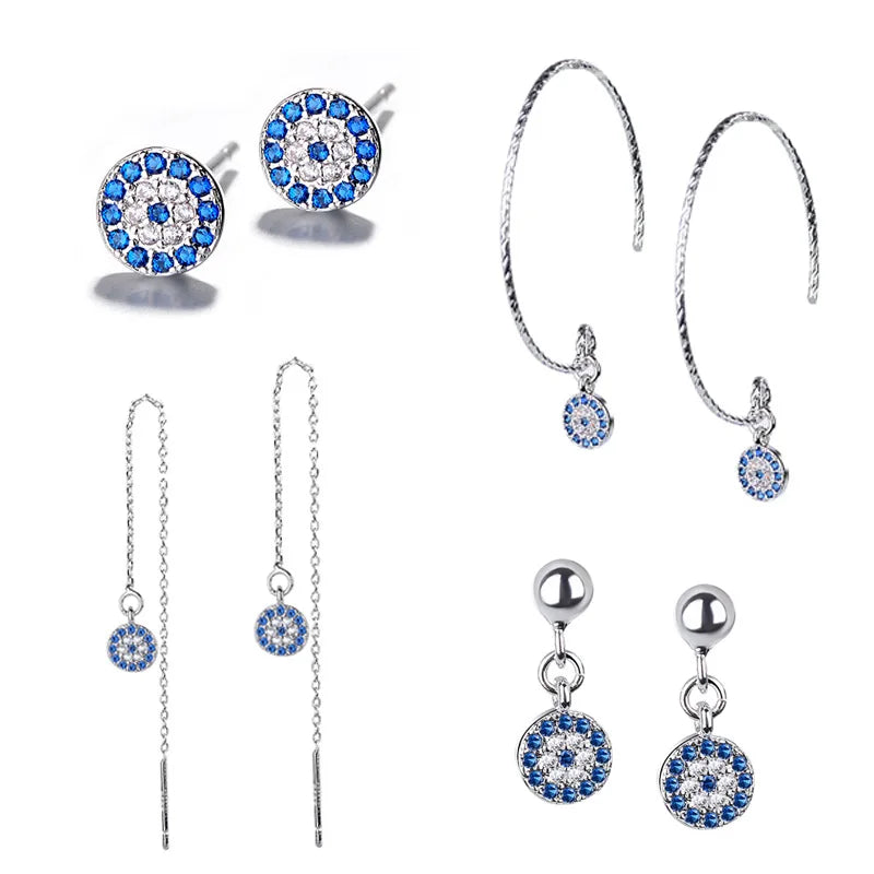 4 Styles! Silver Color Evil Eye Earrings Blue Eye Clear CZ Crystal Stud Earrings for Women