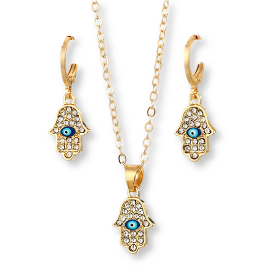 Gold Color Evil Eye Necklace and Earrings Hand Hamsa Fatima Matching Set or Seperate