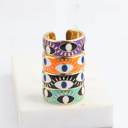 White Pink Blue Enamel Engrave Cute Lovely Turkish Evil Eye Rings Wide Gold Color Eternity Band