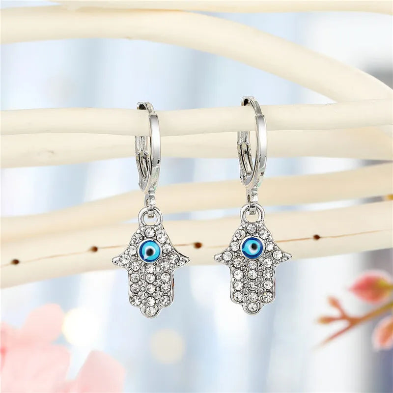 17 Styles! 1 Pair Rhinestone Fatima Hand Hollow Evil Eye Earrings For Women Trendy Round Eye Hoop Earrings