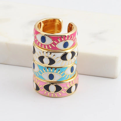 White Pink Blue Enamel Engrave Cute Lovely Turkish Evil Eye Rings Wide Gold Color Eternity Band