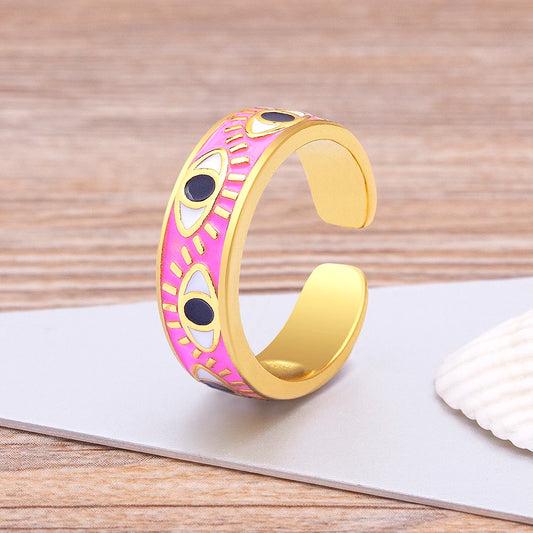 9 Colors! Handmade Enamel Multi-Colors Stackable Band Ring Women Gold Plated Dripping Oil Evil Eye Rainbow Ring Adjustable