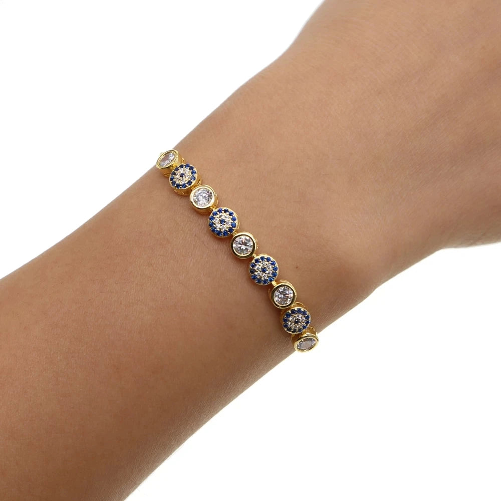 Gold, Rose, Silver Color 5mm Sparking AAA+ Cz Evil Eye Link Chain Pave Bracelet 1 PC