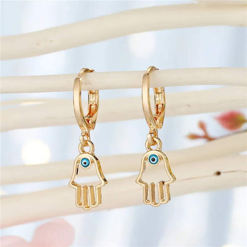 17 Styles! 1 Pair Rhinestone Fatima Hand Hollow Evil Eye Earrings For Women Trendy Round Eye Hoop Earrings