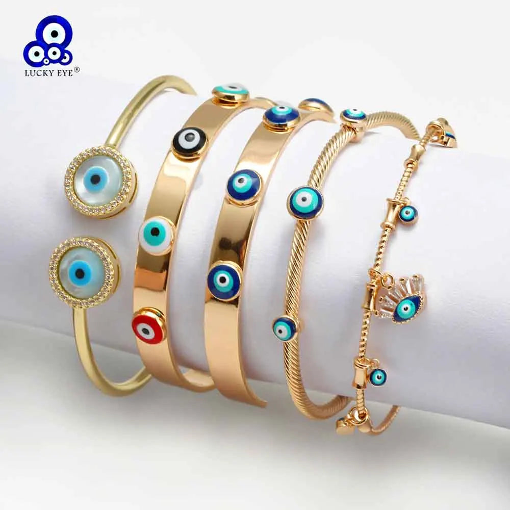 Lucky Eye Turkish Blue Evil Eye Bangle Copper Adjustable Fatima Hand Charm Cuff Bracelet for Women Girls Men Jewelry BE602
