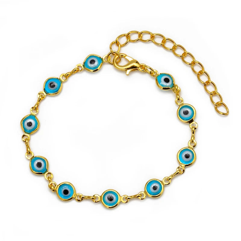 New Gold Plated Blue Light Evil Eyes Beads Bracelet Adjustable Box Link Chain Turkish Eyes Bracelet For Women Fashion Jewelry