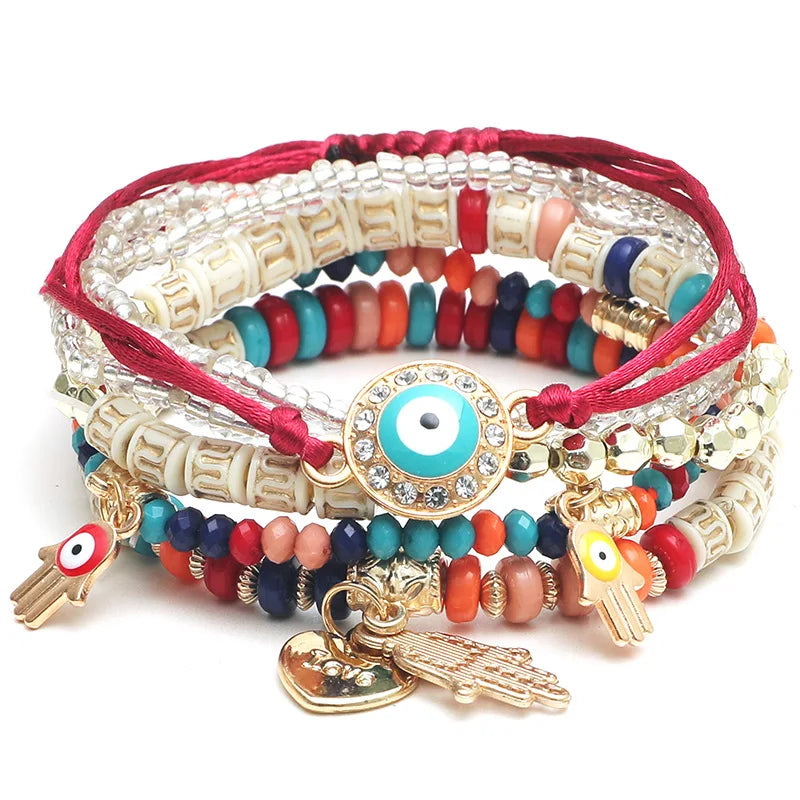 6pcs Bohemia Handmade Evil Eye Charm Beaded Trendy Stack Bracelet Set for Women Girls Summer Beach Multi-layer Bracelet Jewelry