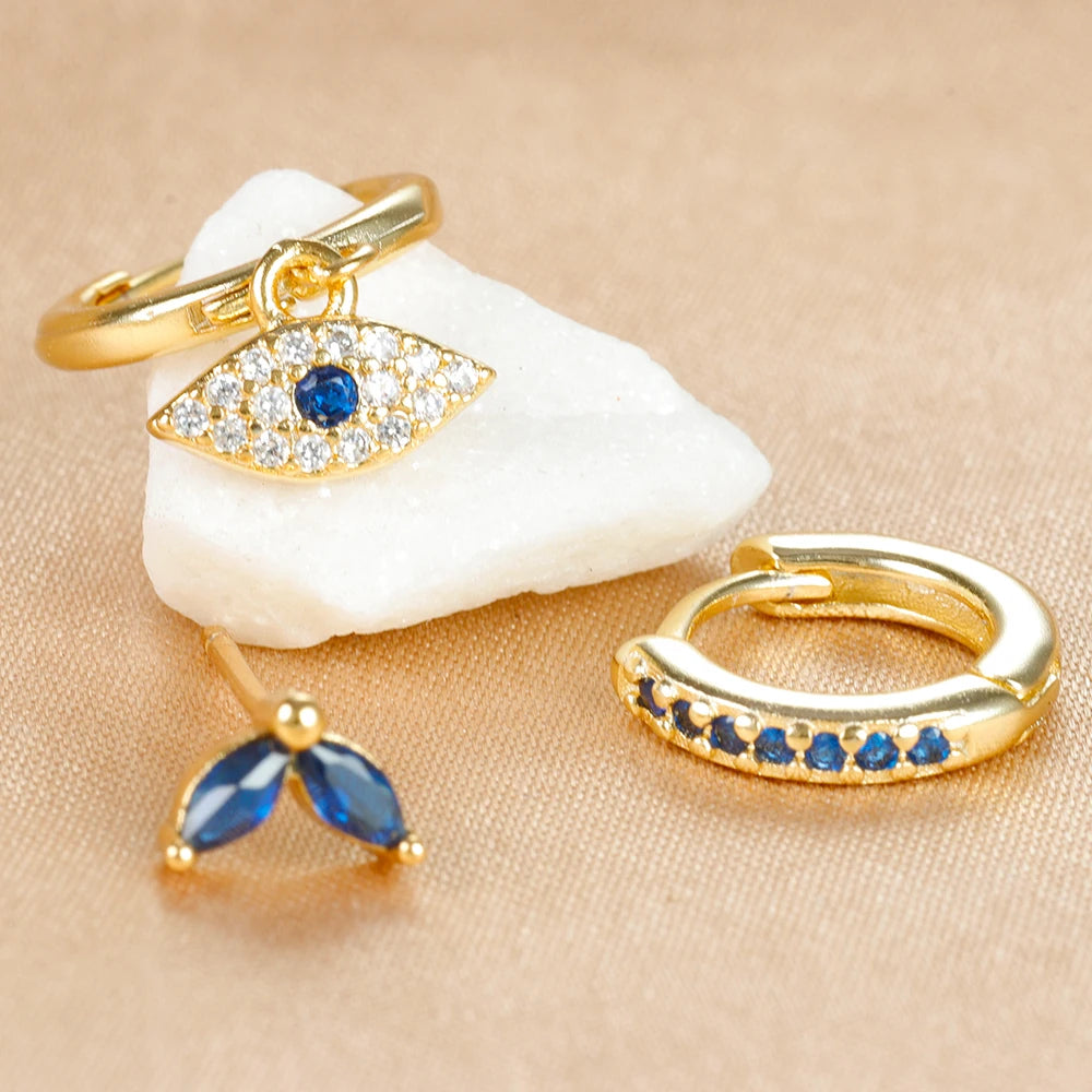 3 Piece Set! Luxury Zircon Evil Eye Hoop Stud Earring Set For Women Gold and Blue