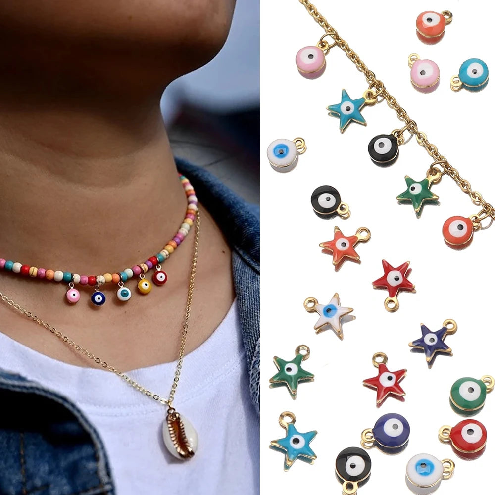 20pcs Stainless Steel Gold Color Evil Eye Beads Charms Multicolor Enamel Pendant Charm For Diy Making Necklace Bracelet Jewelry