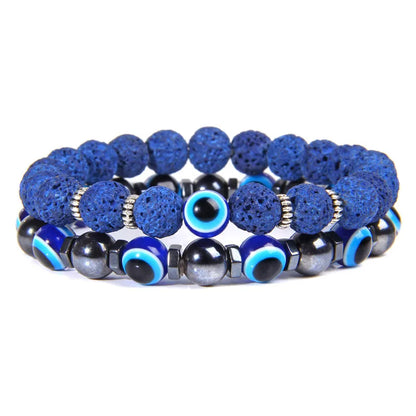 19 Colors and 3 Sizes to Choose From! 2 Pack or Single Layered Lucky Evil Eye Beads Bracelet Natural Stone Lava Hematite Set Multilayer Bracelets Men Unisex