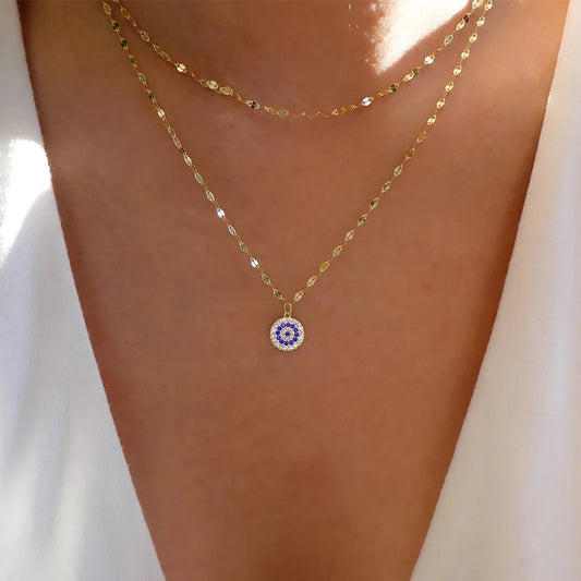 Silver or Gold! Double Layer Gorgeous Zircon Evil Eye Necklaces Stainless Steel