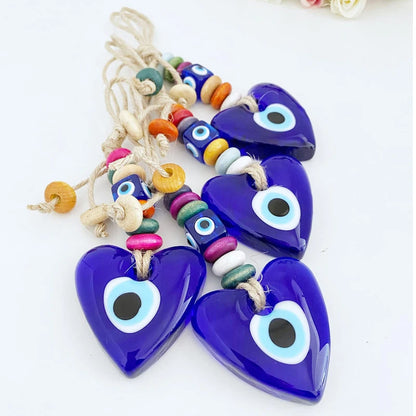 2 Styles! Lucky Evil Eye Glass Hand or Heart Shape Pendant Wall Hanging Keychain Braided Rope