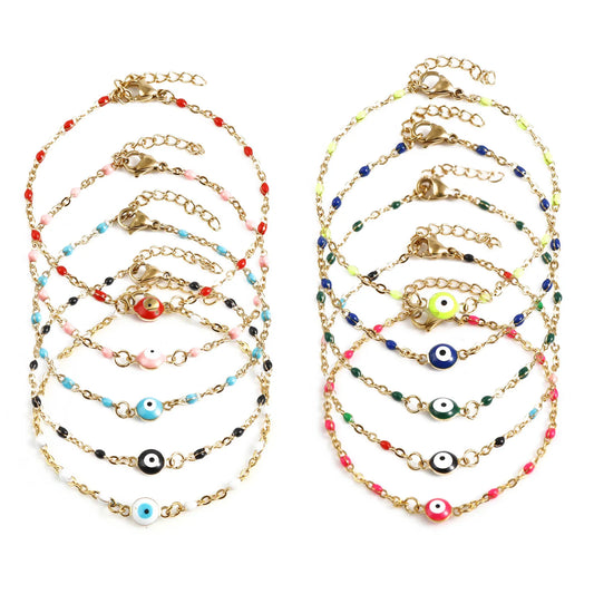 10 Colors! Colorful Gold Link Cable Chain Bracelets Gold Color Multicolor Round Evil Eye Enamel 17.5cm(6 7/8") long, 1 Piece