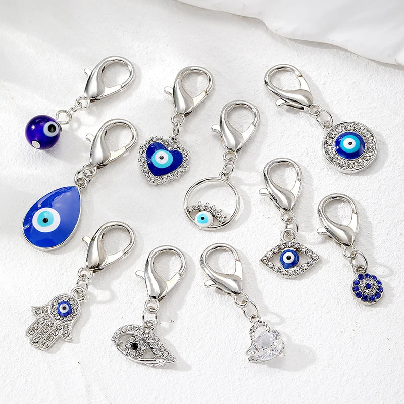 Metal Zircon Blue Eye Hamsa Hand Keychain Pet Pendant Keyring Retro Heart Turkey Evil Eye Fatima Hand Bag Box Earphone Accessory