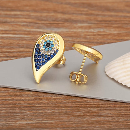 Lucky Turkish Evil Eye Colorful Zirconia Stud Earrings For Women Water Drop Gold Plated Crystal