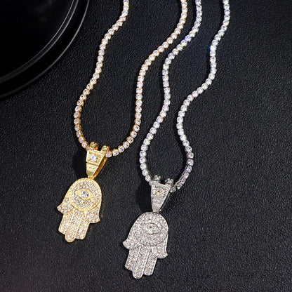 4 Styles of Chain, 2 Colors, 4 Lengths! Men's Unisex Crystal Hamsa Hand Evil Eye Pendant Zircon Necklace For Iced Out Cuban Link Chain Necklace Gold or Silver Color