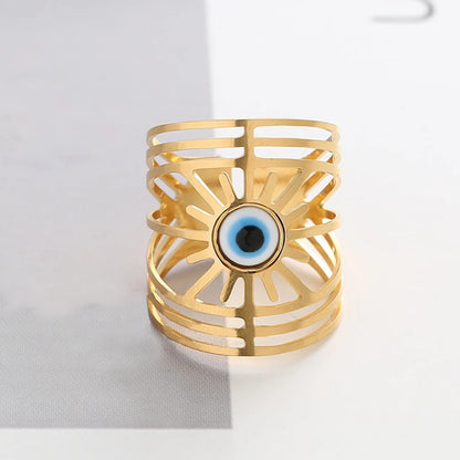 Large Evil Eye 14K Gold Plated Stainless Steel Rings Jewelry Wide