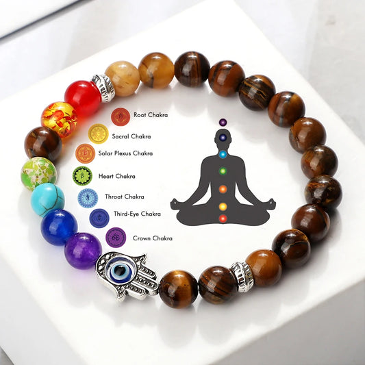 15 Colors, 3 Sizes! Chakra Bracelets Men Natural Tiger Eye Stone Lava Onyx Agates Beads Bracelet Turkish Evil Eye Hand Of Fatima Men's Unisex