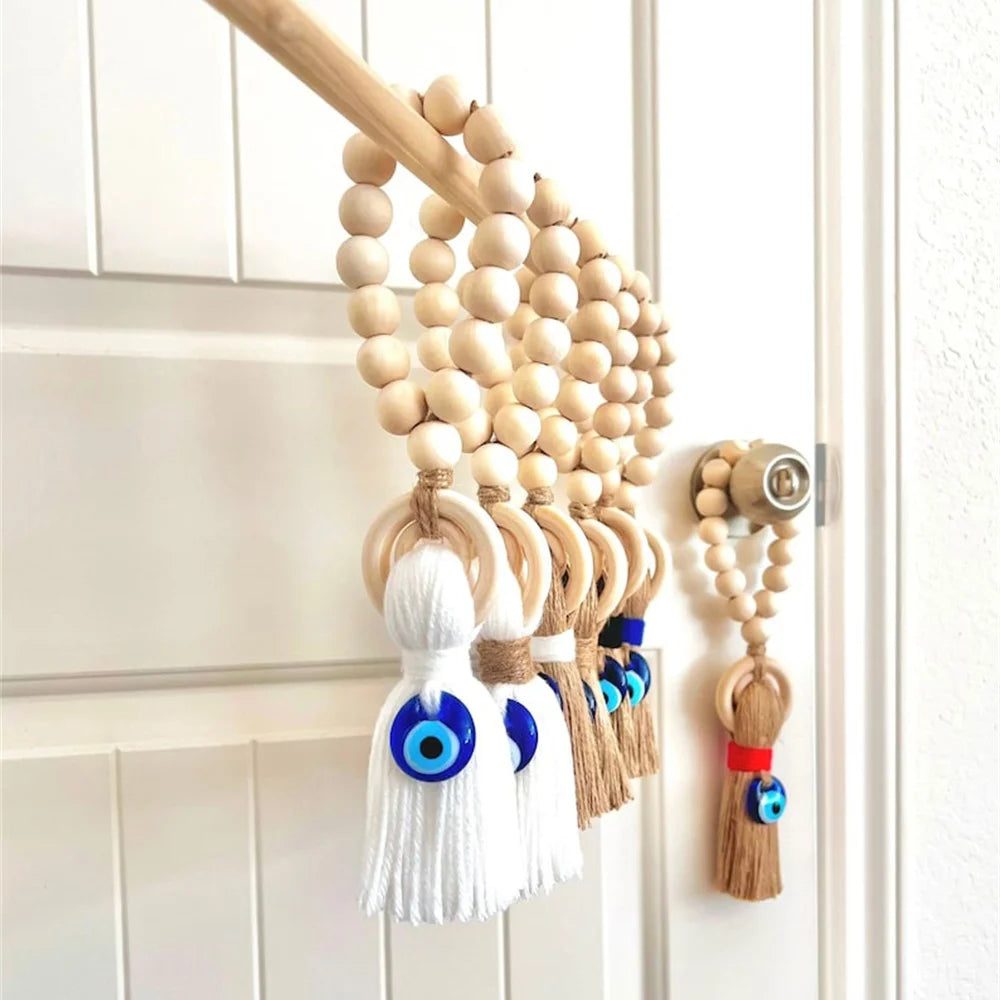 7 Colors! Wooden Bead Guardian Amulet Tassel with Glass Evil Eye Bead Wall Hanger for Home