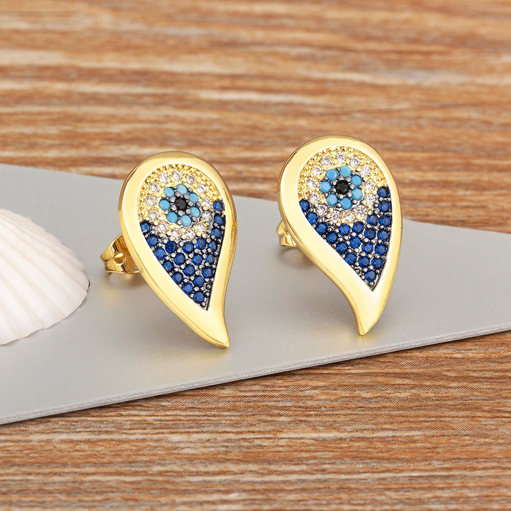 Lucky Turkish Evil Eye Colorful Zirconia Stud Earrings For Women Water Drop Gold Plated Crystal