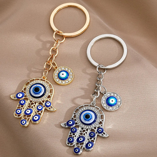 Gold or Silver Color! Evil Eyes Hand Shaped Keychains Exquisite Rhinestone Metal Keyrings for Women Car Handbag Phone Pendant