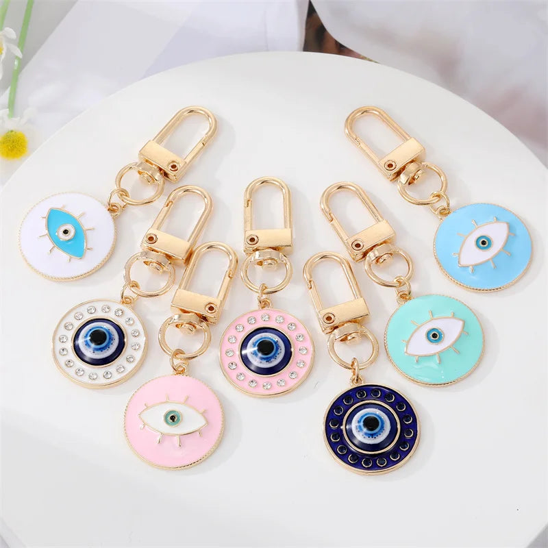 7 Colors! 1Pcs Round Evil Eye Keychain Key Ring Boho Charm Accessory