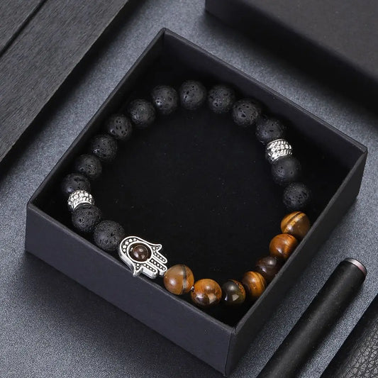 Natural Tiger Eye Lava Beads Chakra Bracelets for Men Lucky Turkish Evil Eye Hand Of Fatima Men's Jewelry