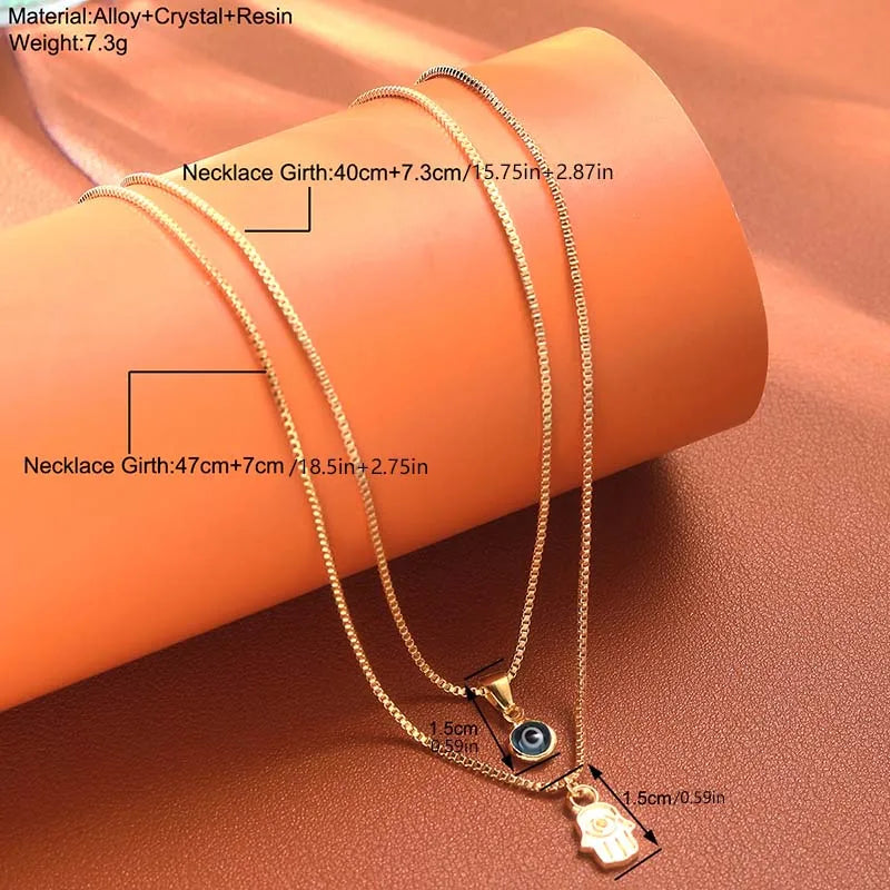 Lucky Gold Color Double Layer Palm Evil Eye Pendant Necklace for Women Micro Paved Rhinestone