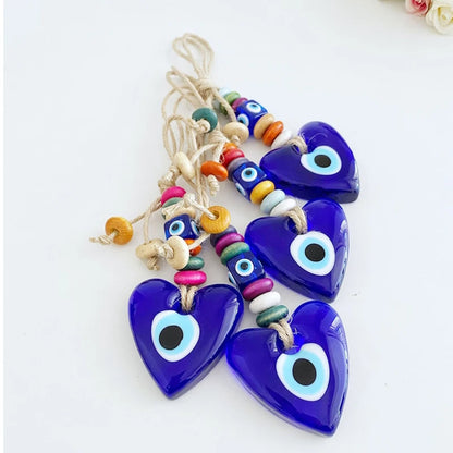 2 Styles! Lucky Evil Eye Glass Hand or Heart Shape Pendant Wall Hanging Keychain Braided Rope