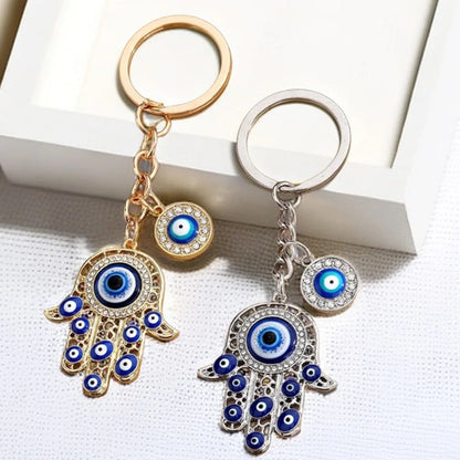 Gold or Silver Color! Evil Eyes Hand Shaped Keychains Exquisite Rhinestone Metal Keyrings for Women Car Handbag Phone Pendant