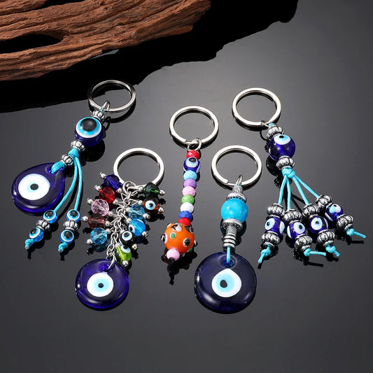 5 Styles! Crystal Colorful Blue Eye Bead Keychain Key Ring Glass Evil Eye Accessories