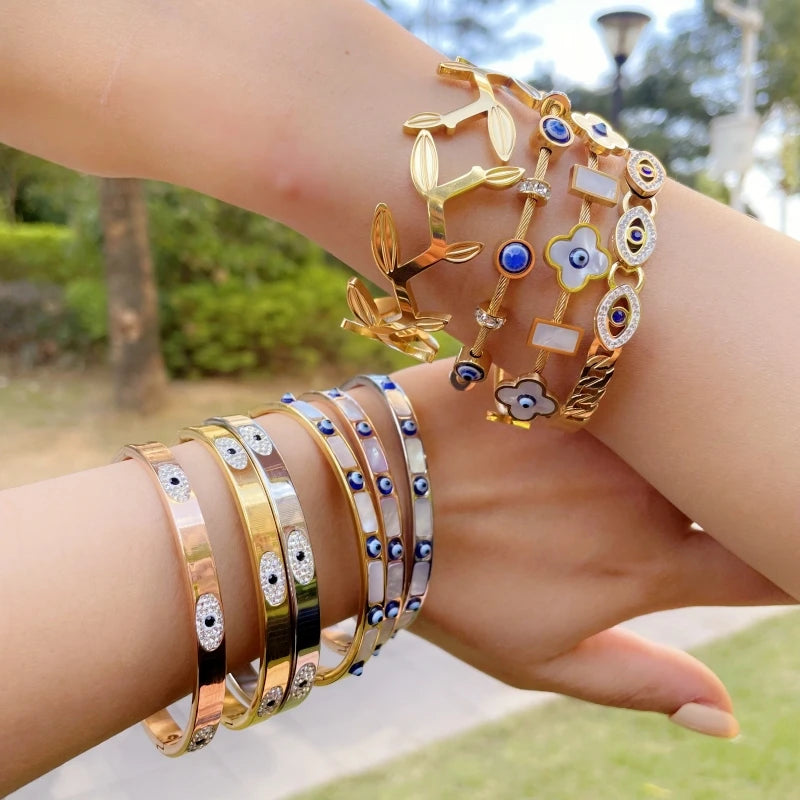 ZALMAN Hiphop Rock Evil Eye Bangles Bracelets for Women Gold Color Stainless Steel Zircon Bangles Friendship Jewelry Accessories