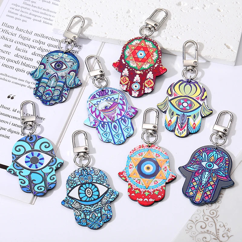 8 Styles! Star Flower Evil Eye Hamsa Hand Keychains Keyring Acrylic Material