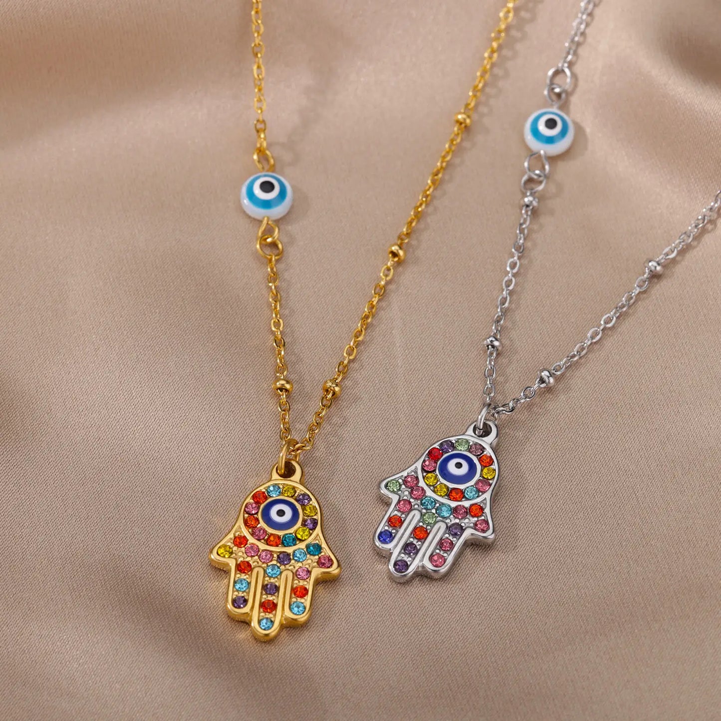 Silver or Gold Colorful Zircon Evil Eye Fatima Hand Chain Necklace For Women