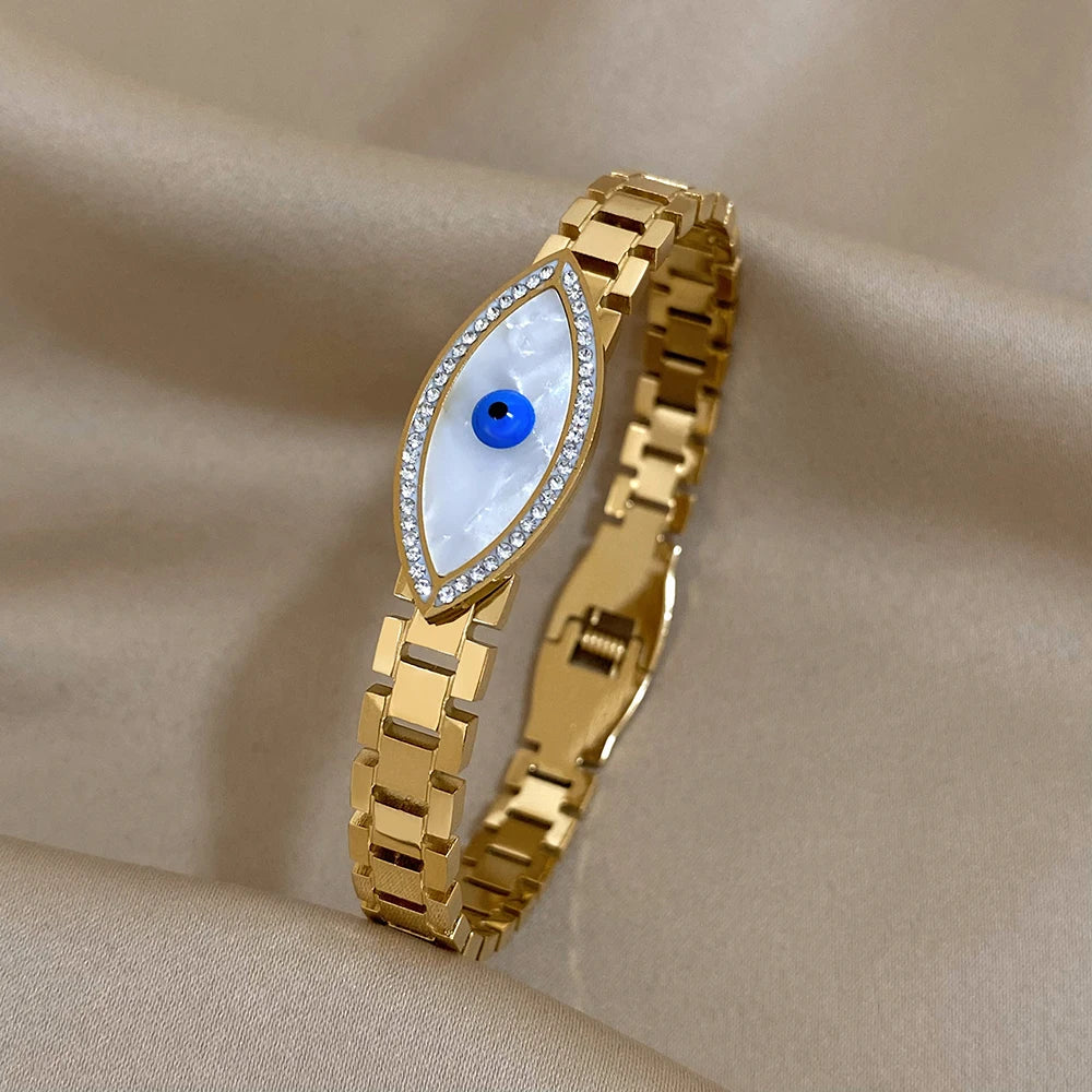 FLASHBUY Boho Evil Eye Stainless Steel Bangles Bracelets for Women Enamel Rhinestones Gold Plated Waterproof Fasion Jewelry Gift