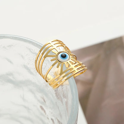 Large Evil Eye 14K Gold Plated Stainless Steel Rings Jewelry Wide