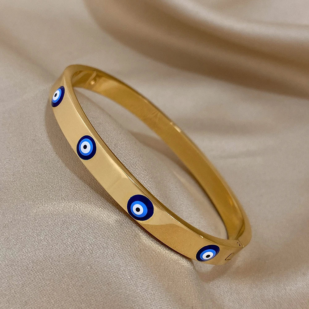 DODOHAO Boho Blue Enmale Evil Eye Stainless Steel Bangles Bracelets for Women Charm Simple Lucky Gold Plated Thin Chain Jewelry