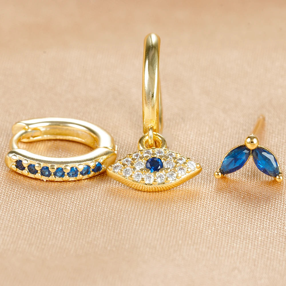 3 Piece Set! Luxury Zircon Evil Eye Hoop Stud Earring Set For Women Gold and Blue