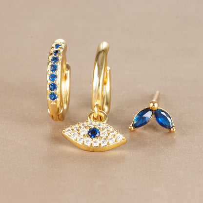 3 Piece Set! Luxury Zircon Evil Eye Hoop Stud Earring Set For Women Gold and Blue