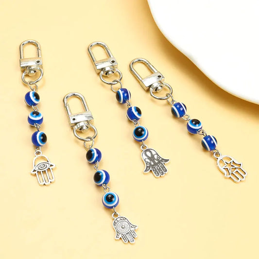 7 Styles! Silver Color Blue Turkish Hamsa Hand Eye Resin Beads Keychain Lucky Evil Eyes Alloy Keyring For Car Key Chain Charm Accessories