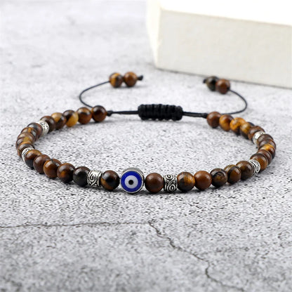 7 Colors! Adjustable Evil Eye Bracelet 4mm Natural Lava Stone and Metal Beads Handmade Braided Bracelet for Men Unisex