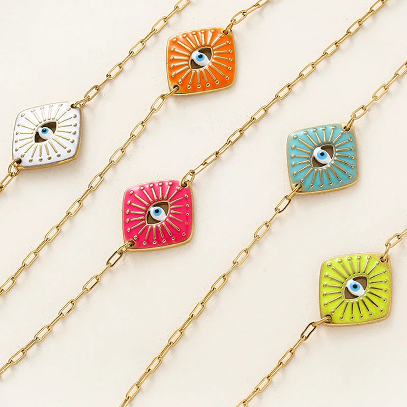 5 Colors! Boho Enamel Colorful Evil Eye Bracelets for Women Girls Gold Color Stainless Steel Square