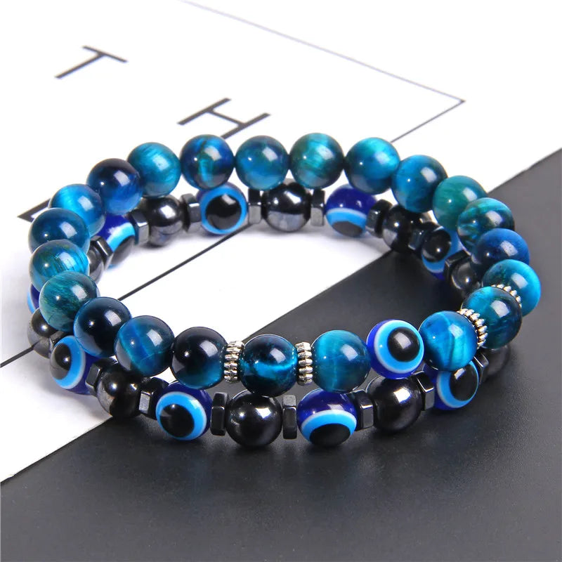 19 Colors and 3 Sizes to Choose From! 2 Pack or Single Layered Lucky Evil Eye Beads Bracelet Natural Stone Lava Hematite Set Multilayer Bracelets Men Unisex