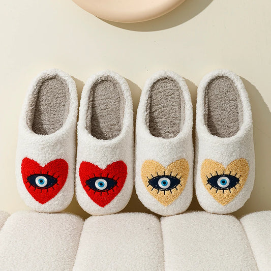 2 Styles! Trendy Cute Evil Eye Heart Slippers Warm Houseshoes Fuzzy Comfy Shoes