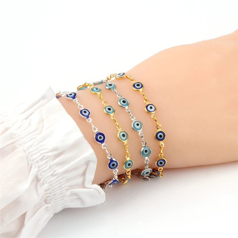 New Gold Plated Blue Light Evil Eyes Beads Bracelet Adjustable Box Link Chain Turkish Eyes Bracelet For Women Fashion Jewelry