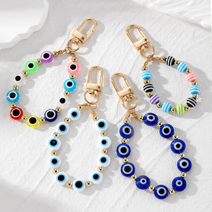 9 Colors! Colorful Round Evil Eyes Beaded Keychain Key Ring Phone Lanyard