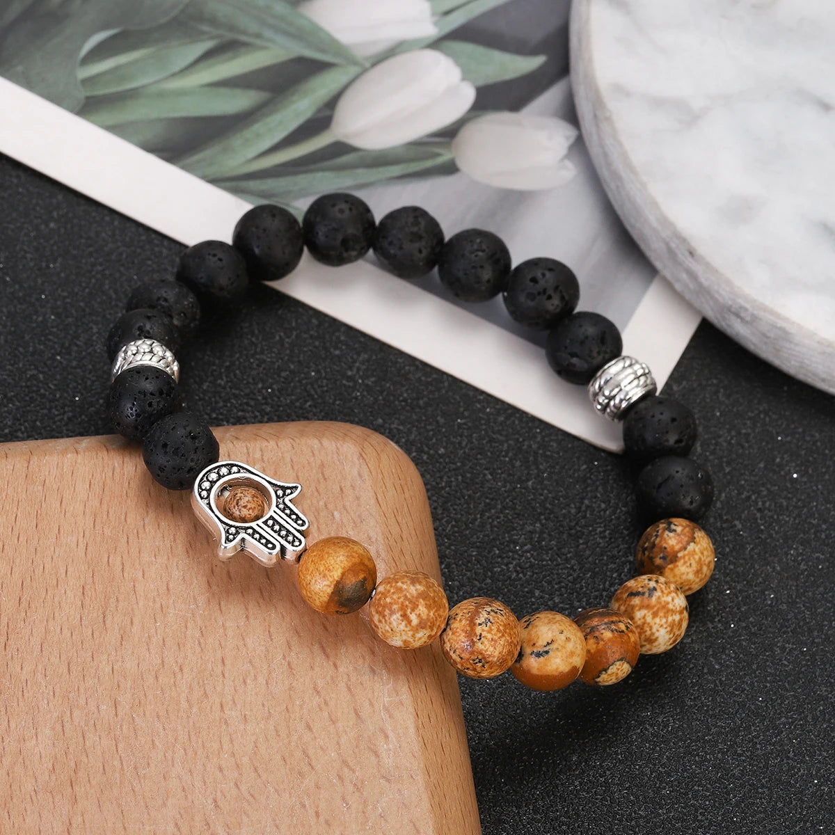 Natural Tiger Eye Lava Beads Chakra Bracelets for Men Lucky Turkish Evil Eye Hand Of Fatima Men's Jewelry