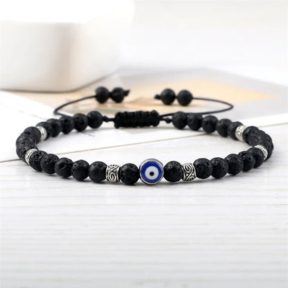 7 Colors! Adjustable Evil Eye Bracelet 4mm Natural Lava Stone and Metal Beads Handmade Braided Bracelet for Men Unisex