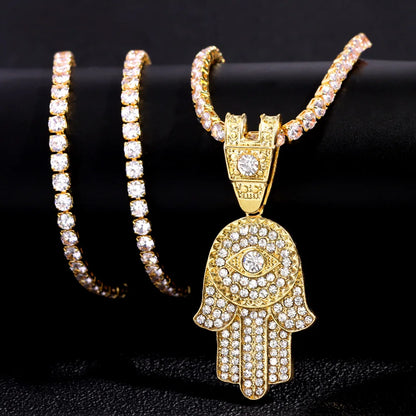 4 Styles of Chain, 2 Colors, 4 Lengths! Men's Unisex Crystal Hamsa Hand Evil Eye Pendant Zircon Necklace For Iced Out Cuban Link Chain Necklace Gold or Silver Color